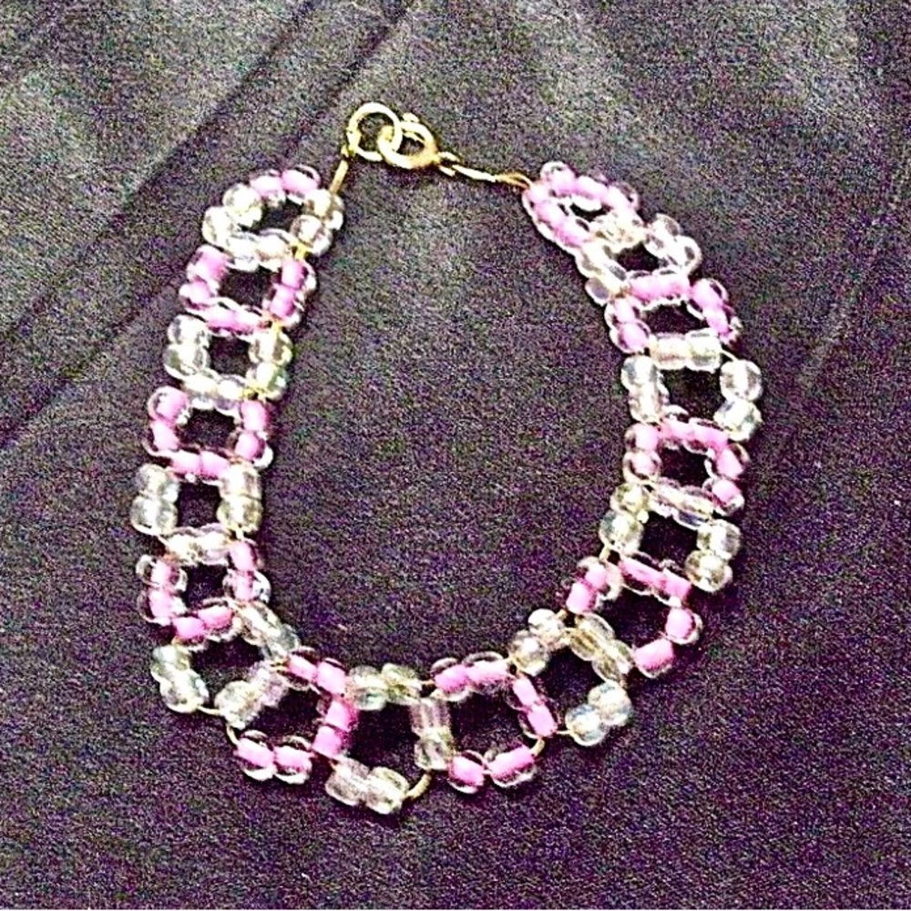 NEW pink clear glass bead beads beaded bracelet 7.5”